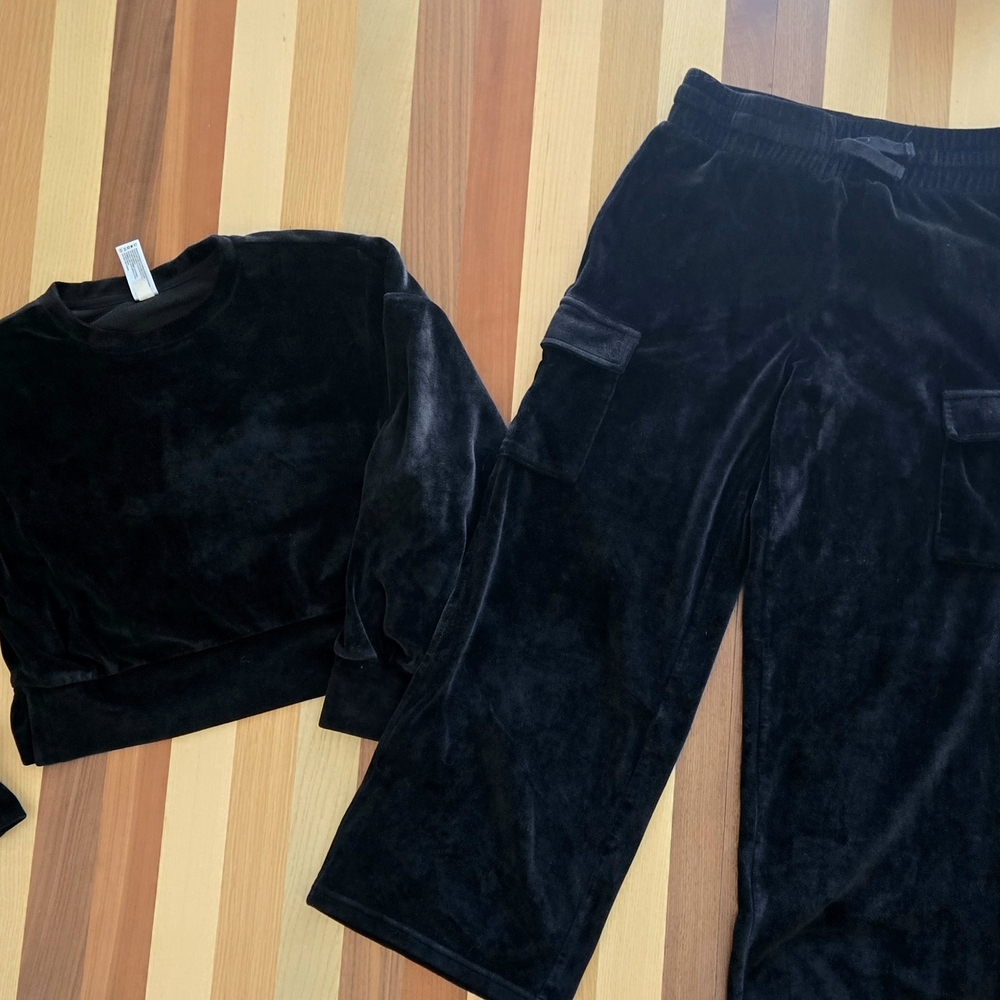 90 Degree By Reflex Kids Black Velour Matching Set Wide Leg Bottoms Size M 10
